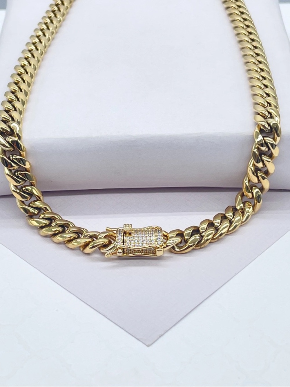 Gold Cuban Link Chain Necklace with Pave Clasp - Women Jewelry
